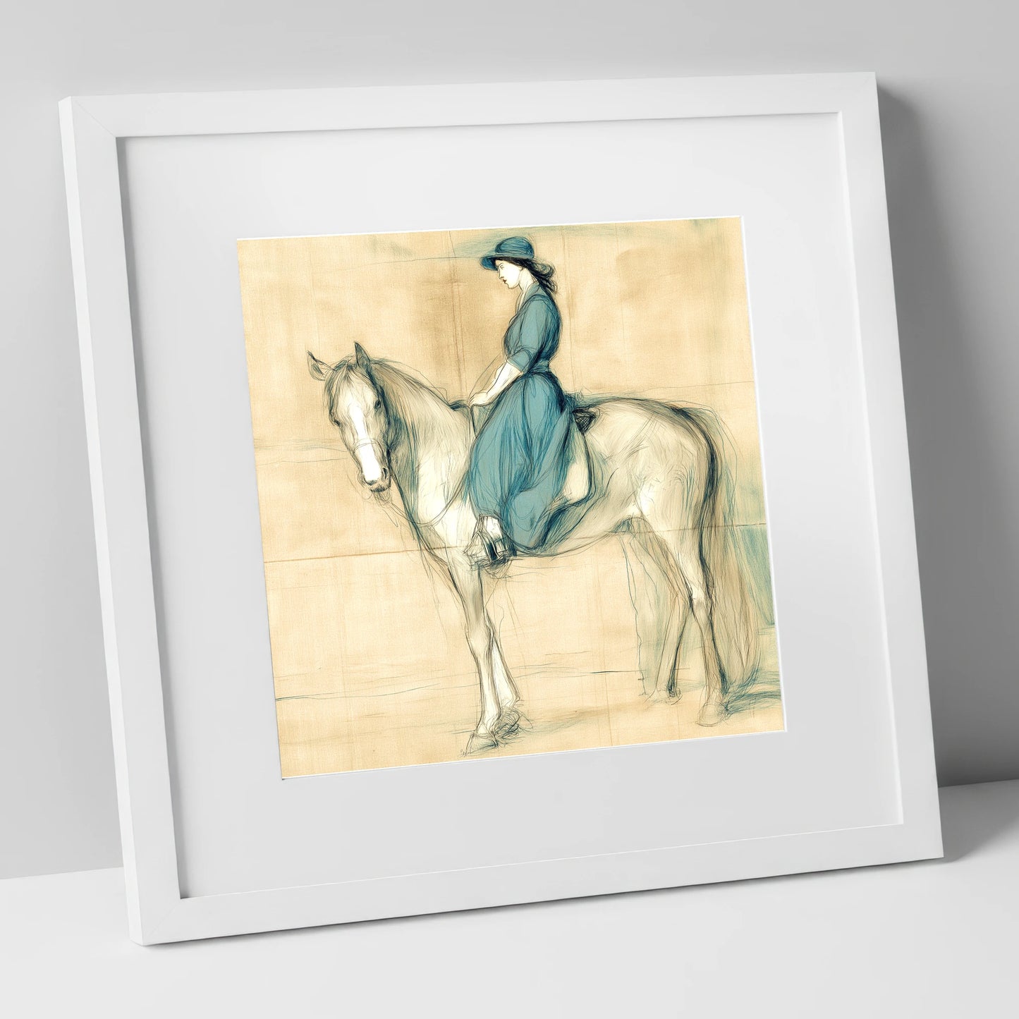 The Lady in Teal horse & rider art print in white frame