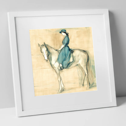 The Lady in Teal horse & rider art print in white frame