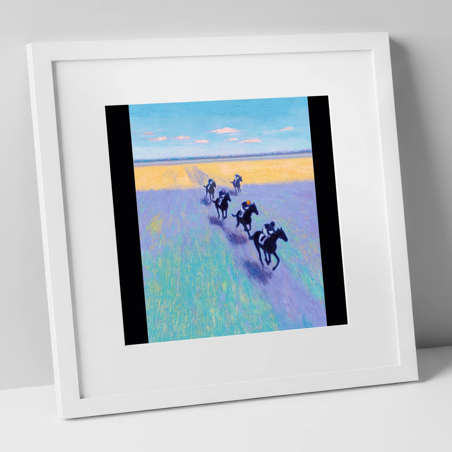 The Morning String racing horse art print in white frame