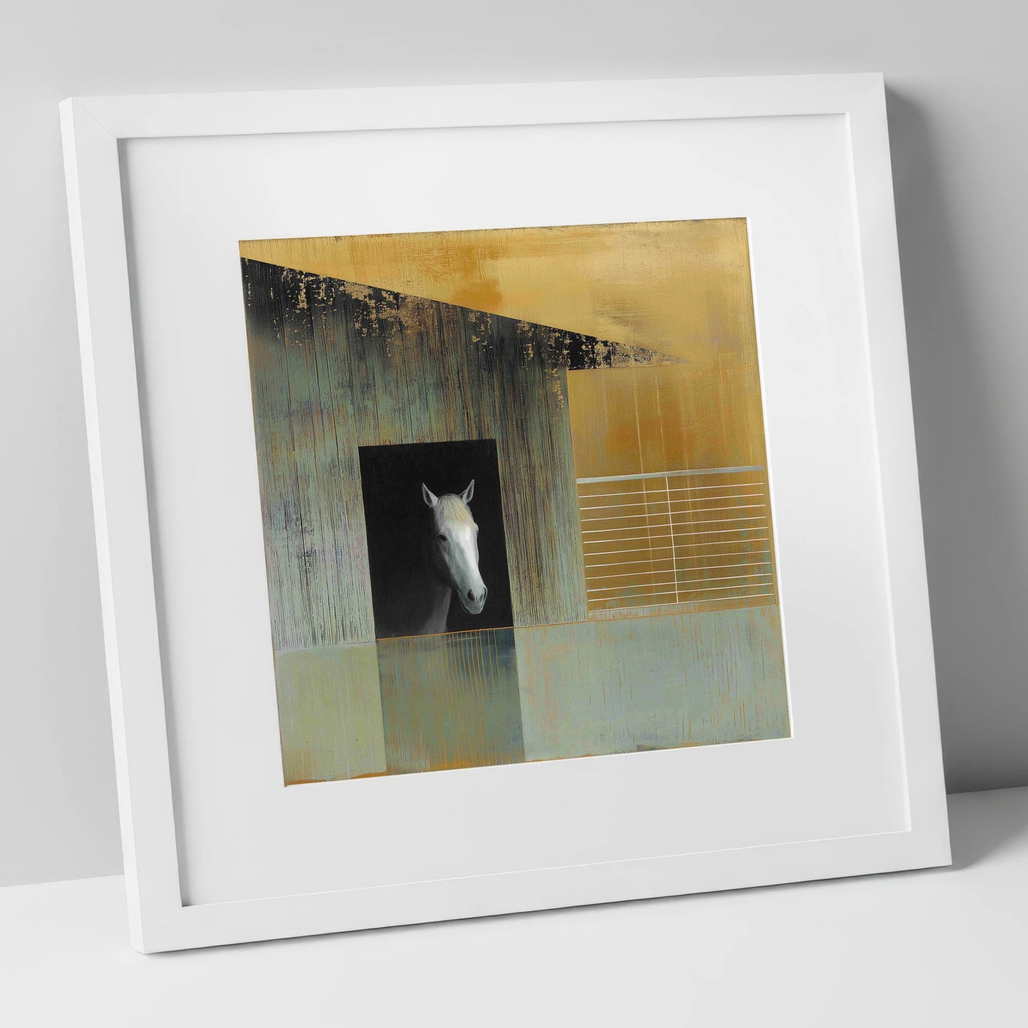 The Quiet Observer horse stable art print in white frame