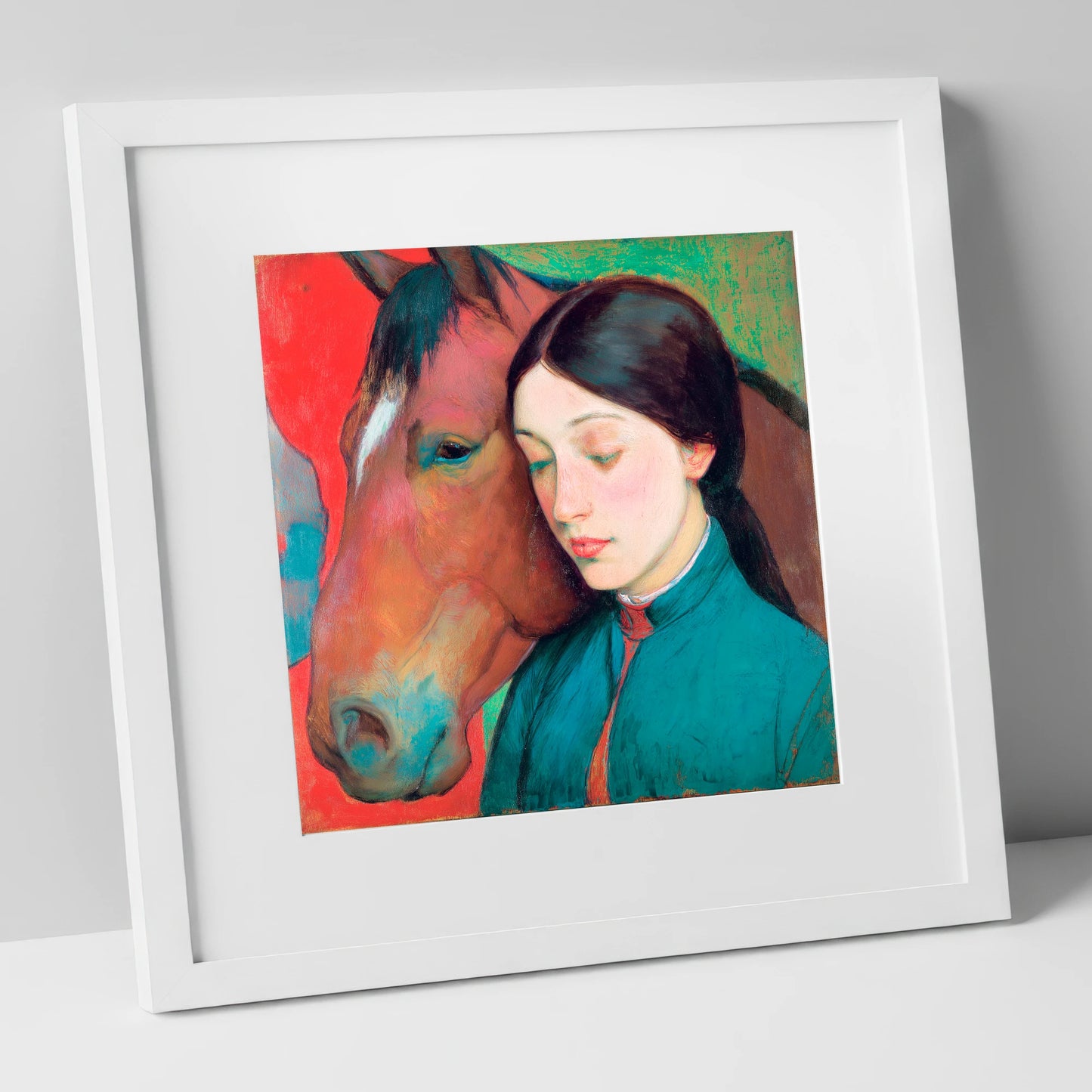 Silent Devotion horse & rider art print in white frame