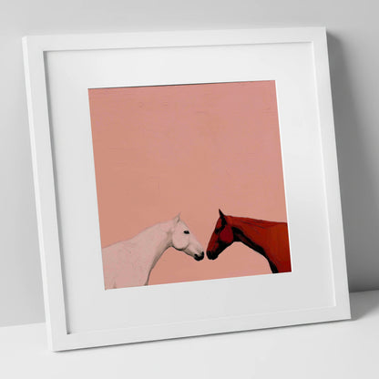 Gentle Encounter horse portrait art print in white frame