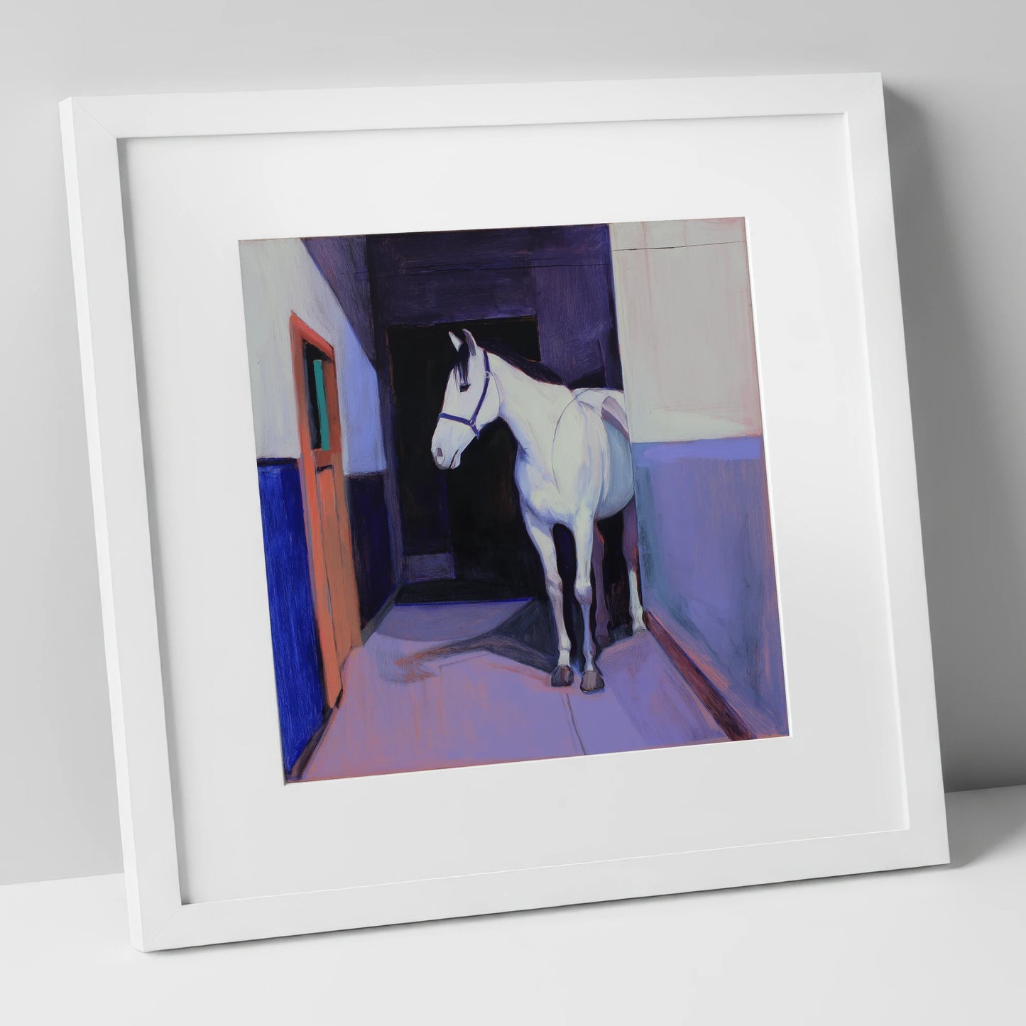 Twilight Stable Solitude horse stable art print in white frame