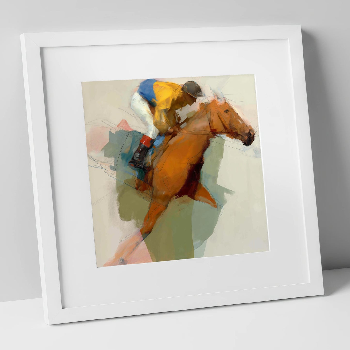 The Front Runner racing horse art print in white frame