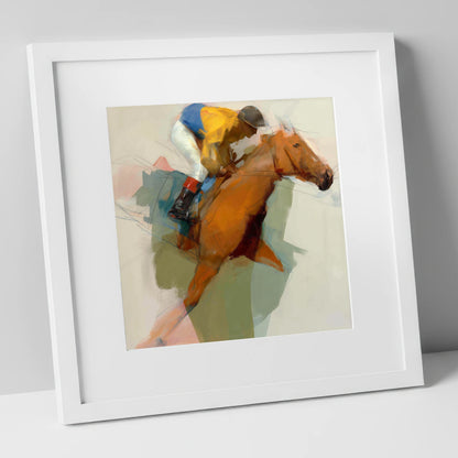 The Front Runner racing horse art print in white frame