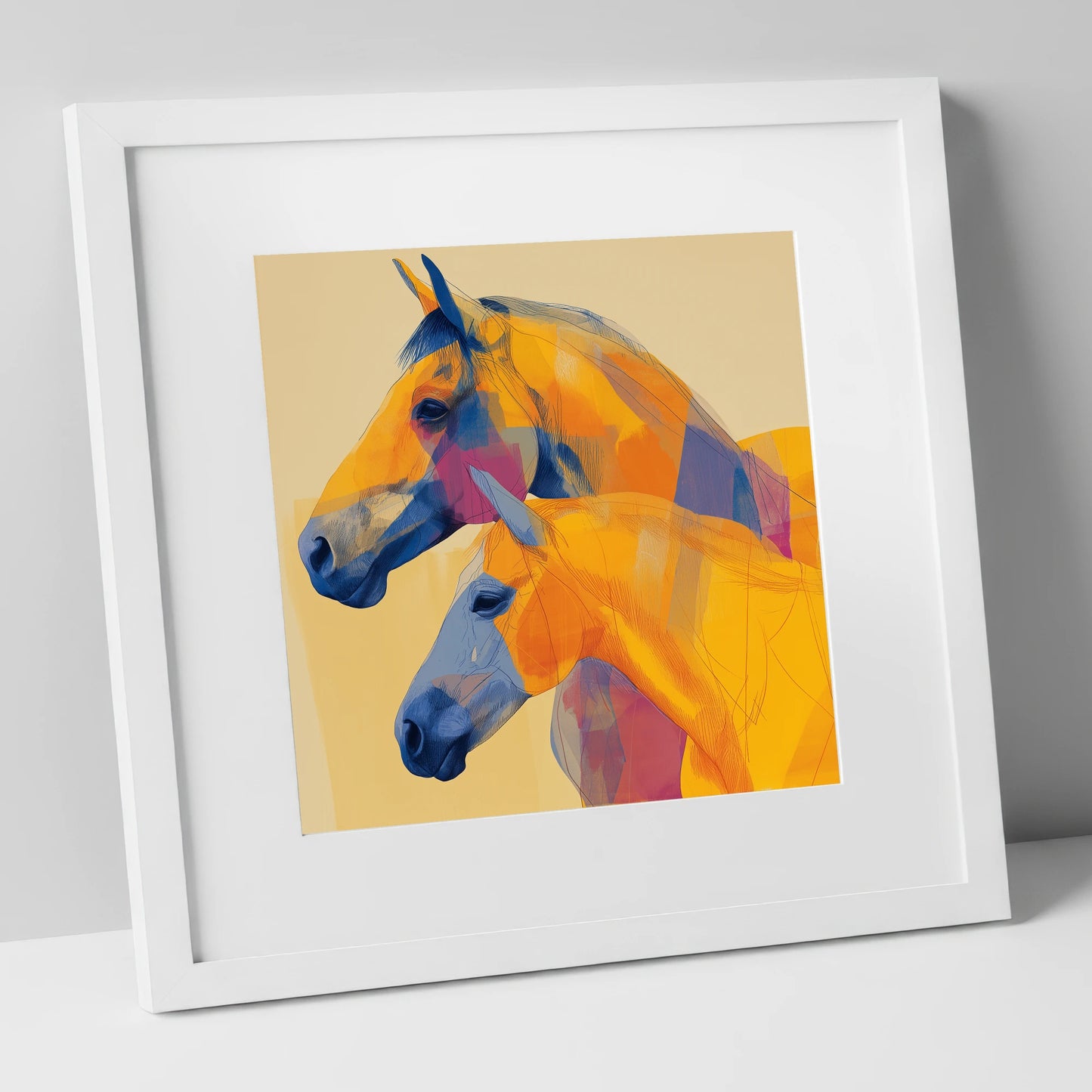Vibrant Equine Profiles horse landscape art print in white frame
