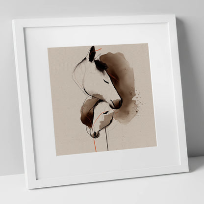 Tender Sepia Bond mare & foal art print in white frame