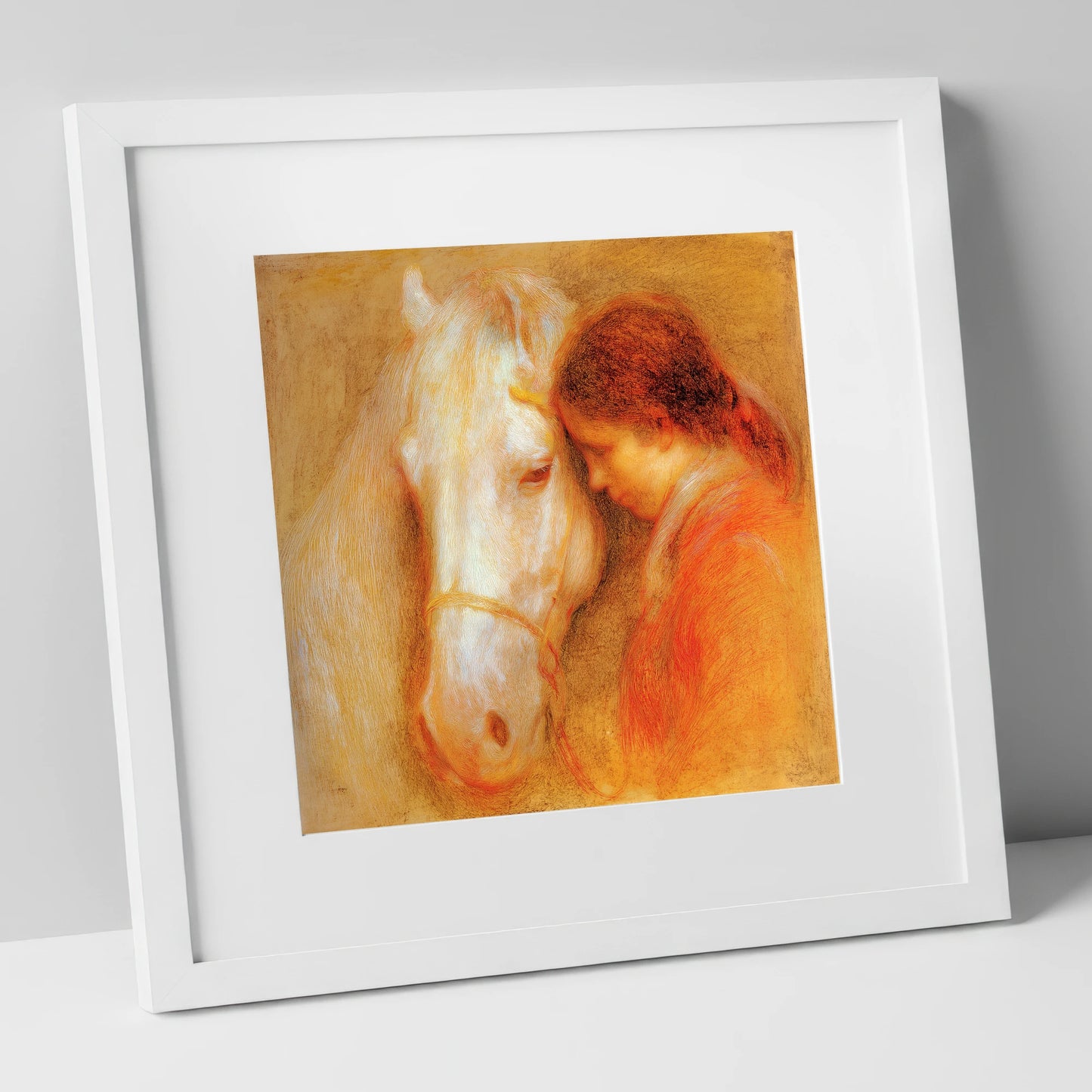 The Unspoken Bond horse & rider art print in white frame
