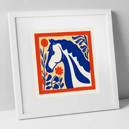 Cobalt Botanical Equine horse portrait art print in white frame