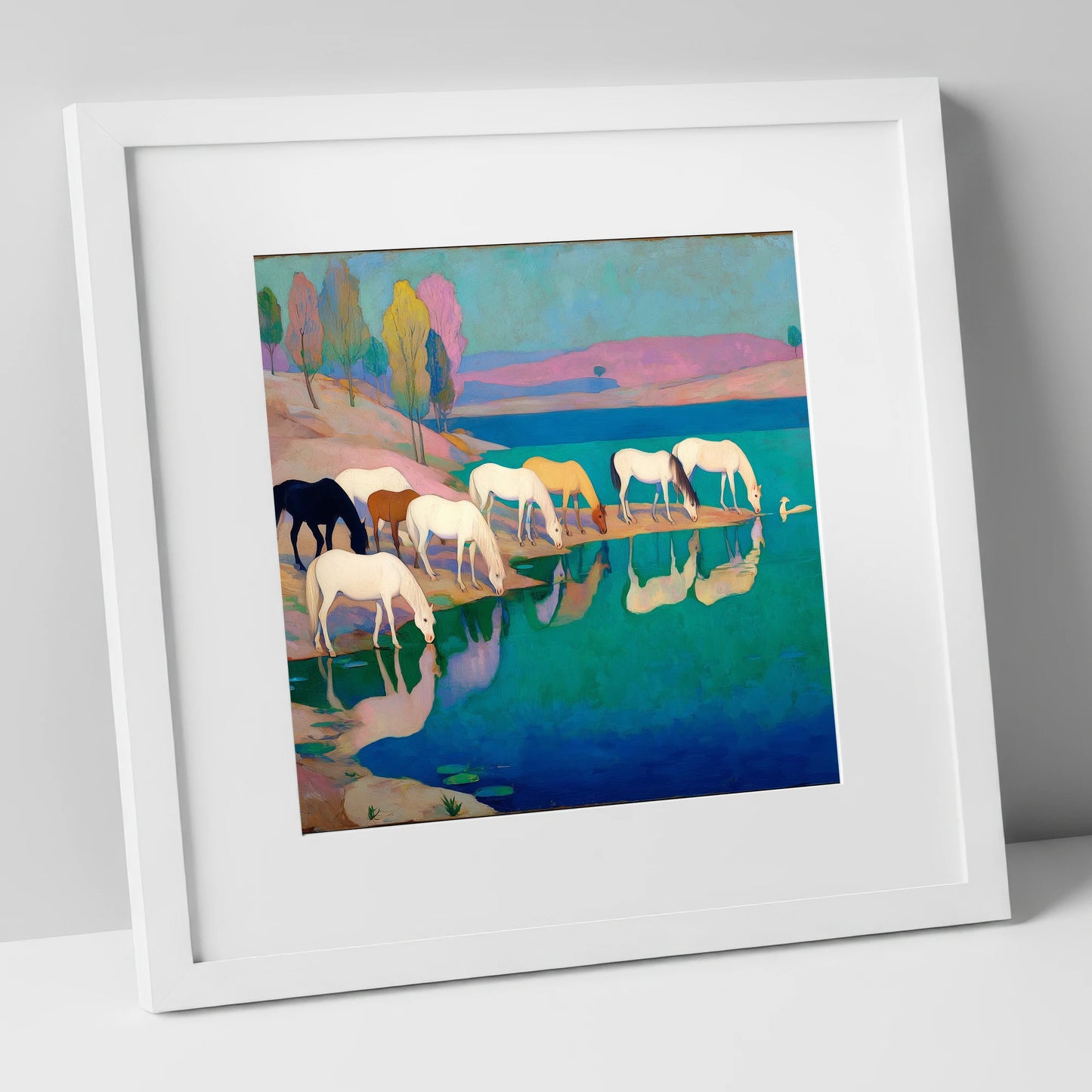 Reflections at Turquoise Waters wild horses art print in white frame