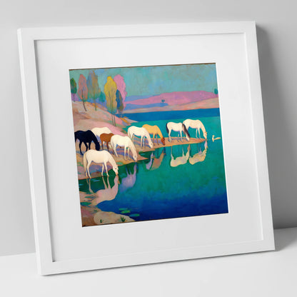 Reflections at Turquoise Waters wild horses art print in white frame