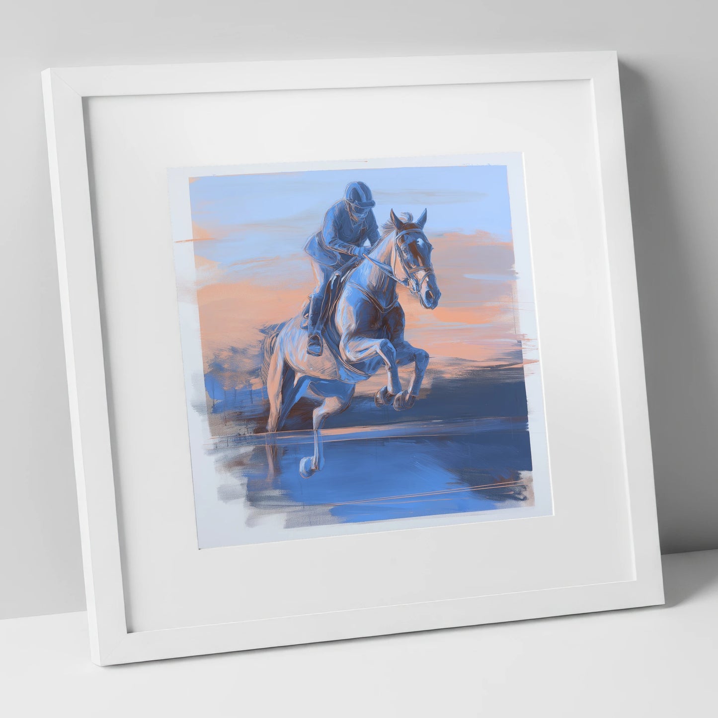 Cobalt Flight show jumping horse art print in white frame