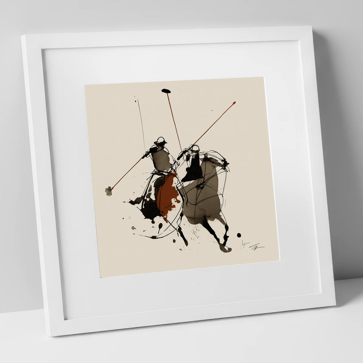 Abstract Polo Ponies in Ink polo horse art print in white frame