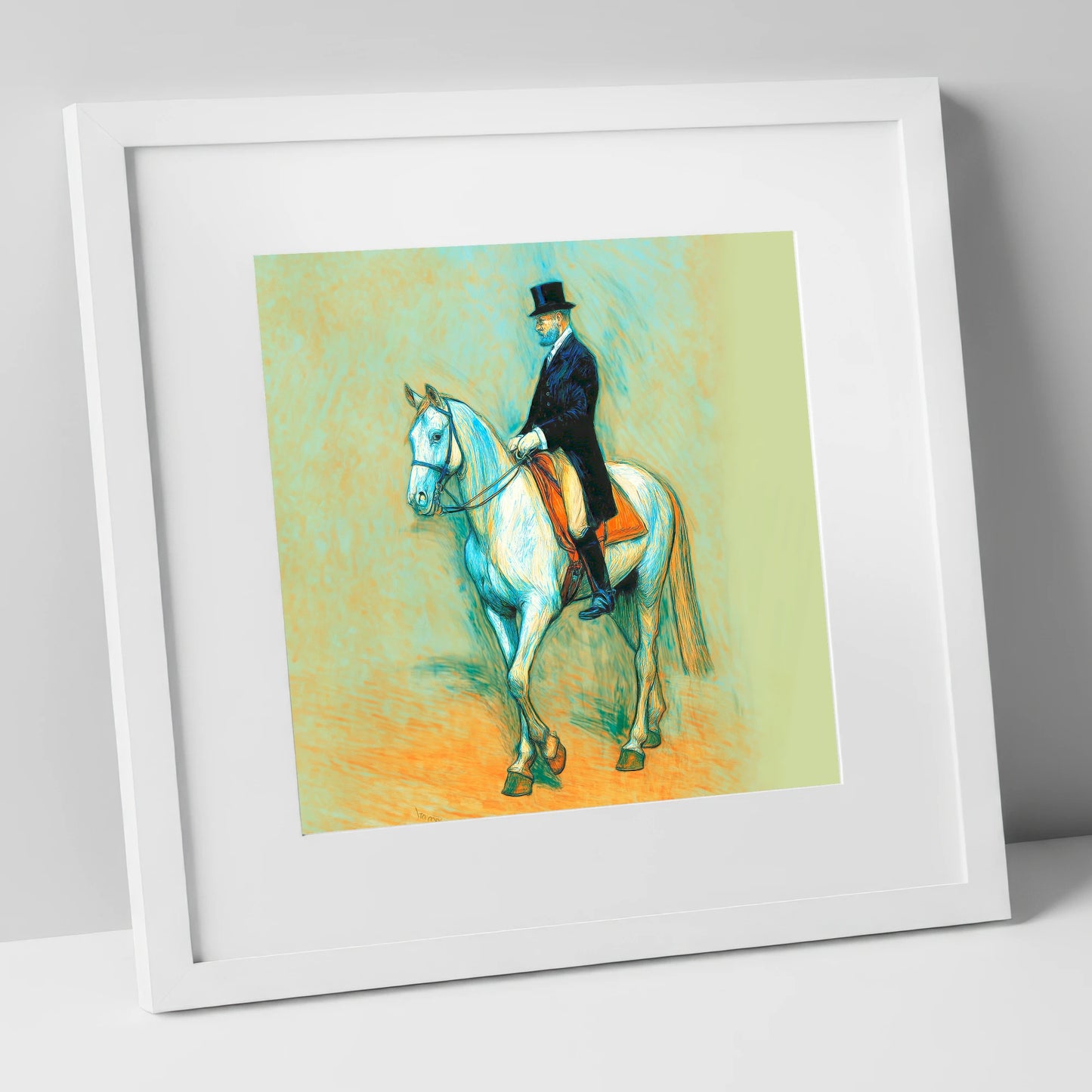 The Classical Master dressage horse art print in white frame
