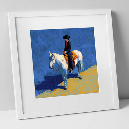 Vaquero in Blue western horse art print in white frame