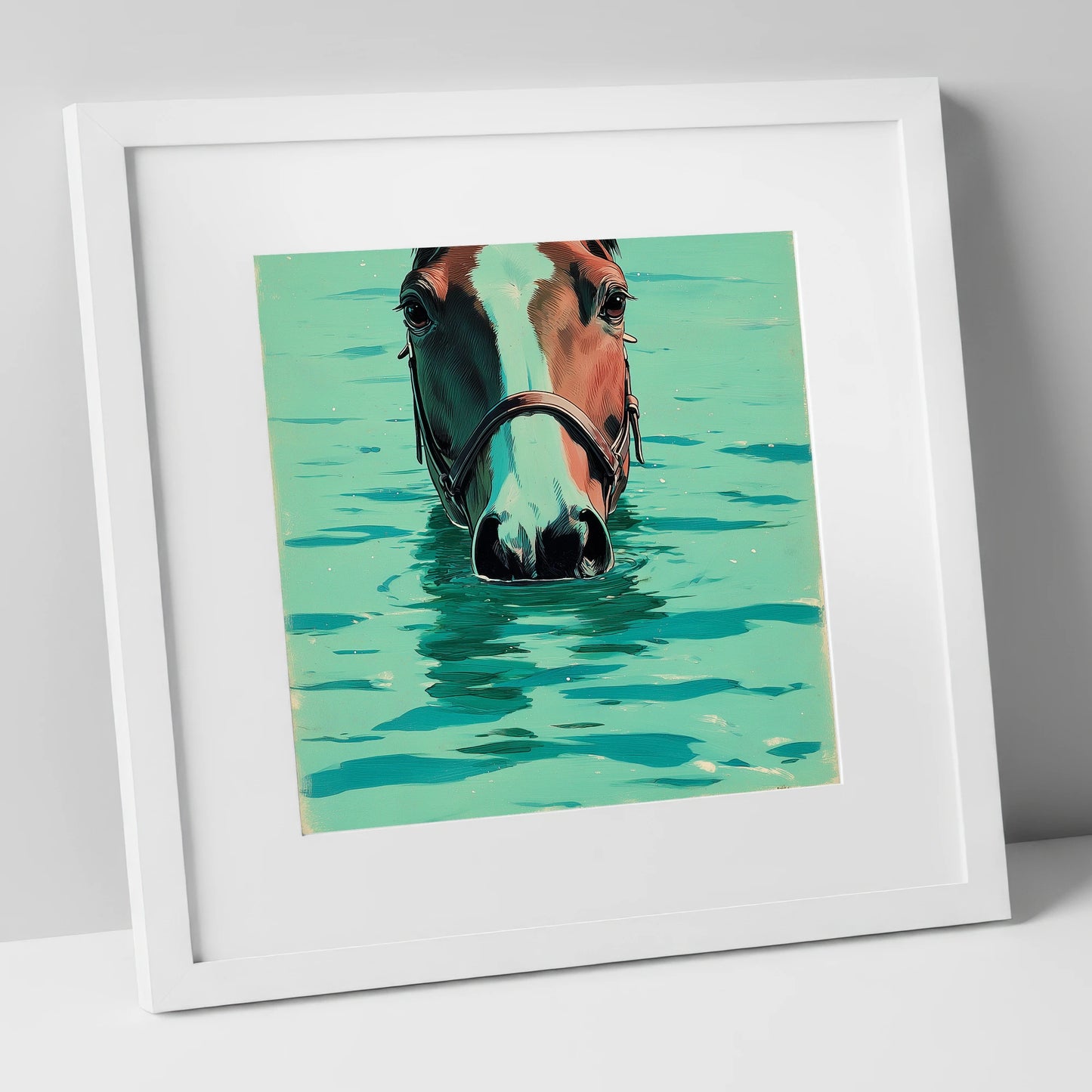 Teal Water Swim beach horse art print in white frame