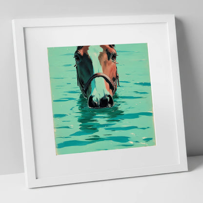 Teal Water Swim beach horse art print in white frame