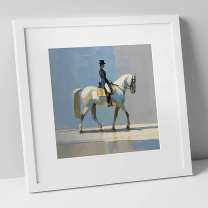 Collected Grace in Blue dressage horse art print in white frame