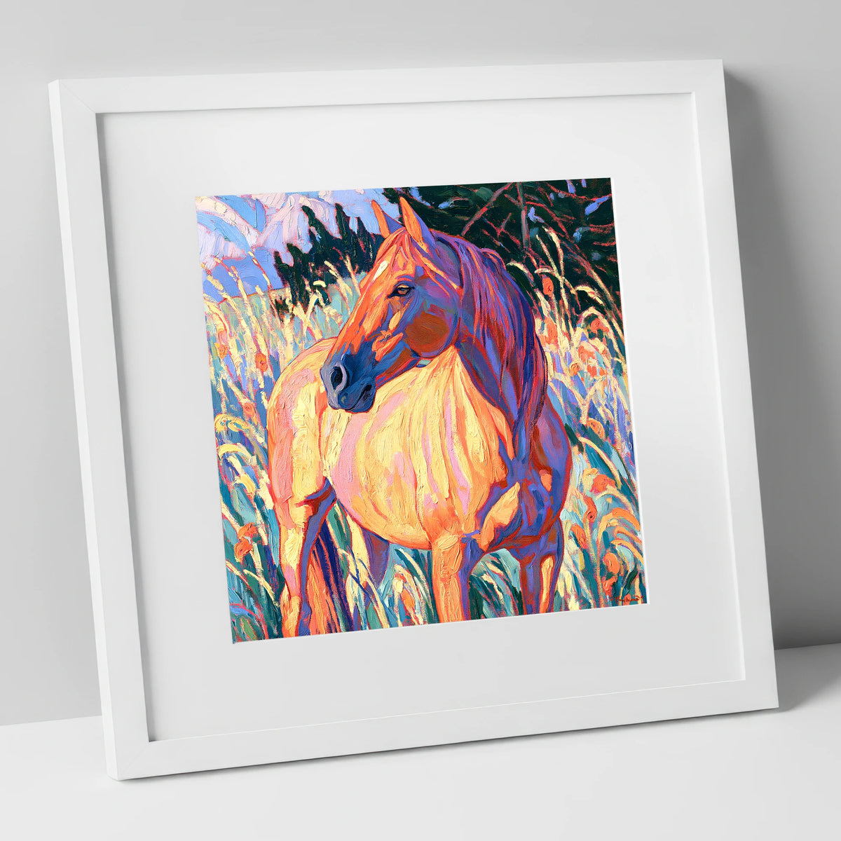 Vibrant Horse in Tall Grass horse breed art print in white frame