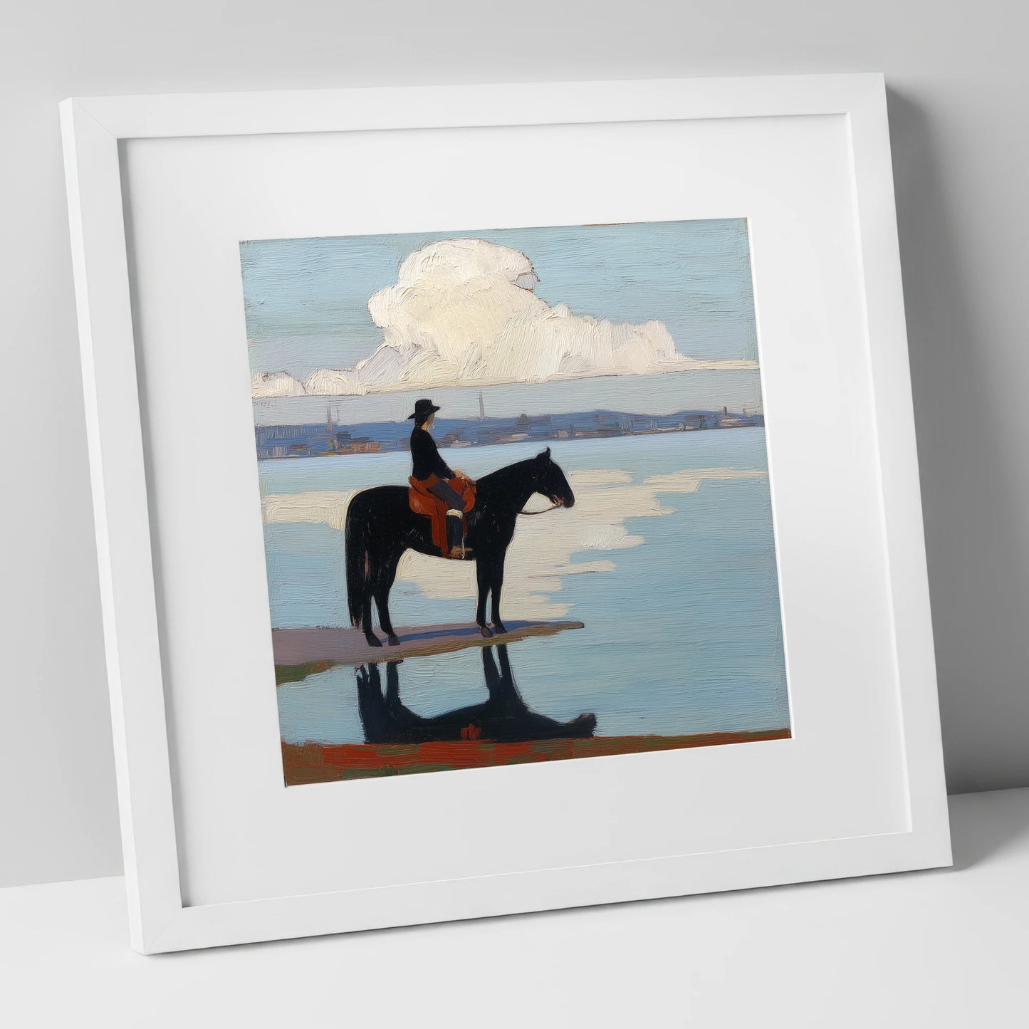 Solitude at the Shore beach horse art print in white frame
