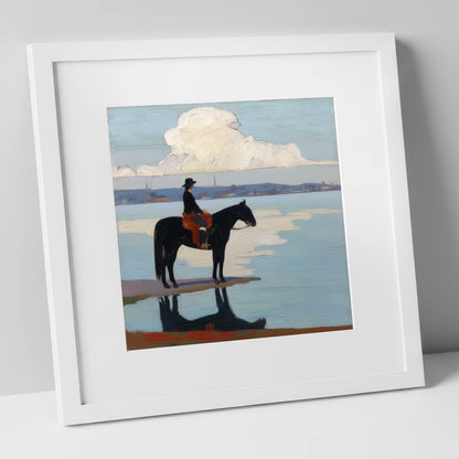 Solitude at the Shore beach horse art print in white frame
