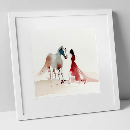 The Crimson Bond horse & rider art print in white frame