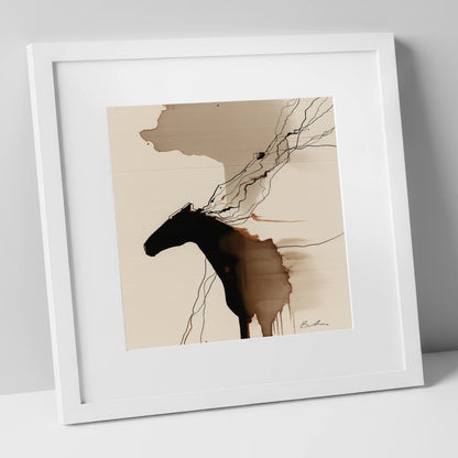 Fluid Sepia Silhouette horse portrait art print in white frame