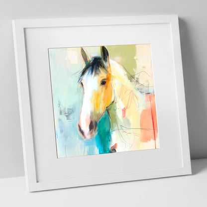 Quiet Grace in Ochre horse portrait art print in white frame