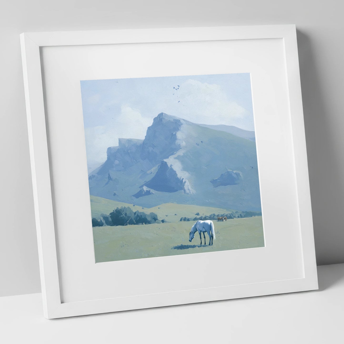 Beneath the Blue Peaks horse landscape art print in white frame