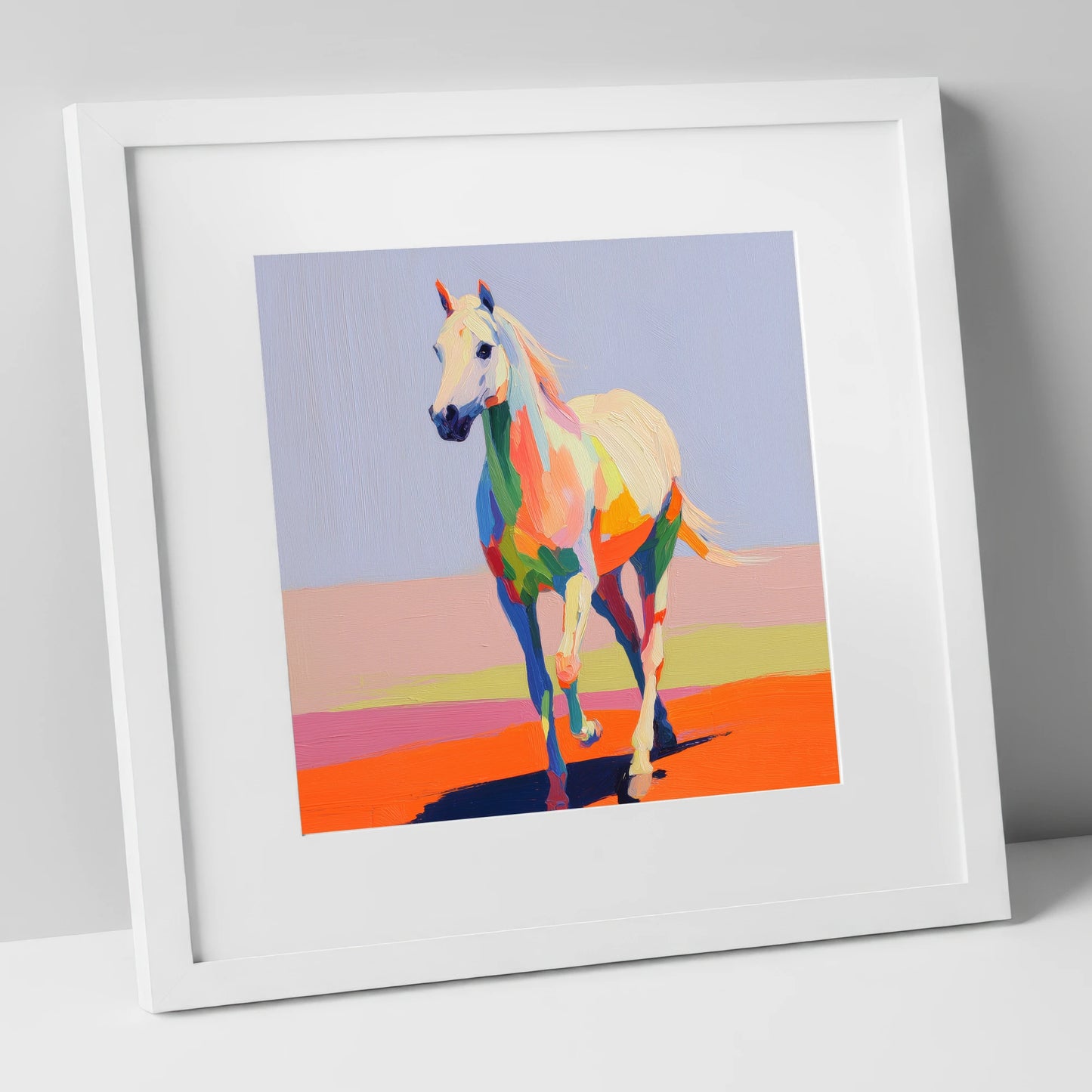 Prismatic Strides horse breed art print in white frame