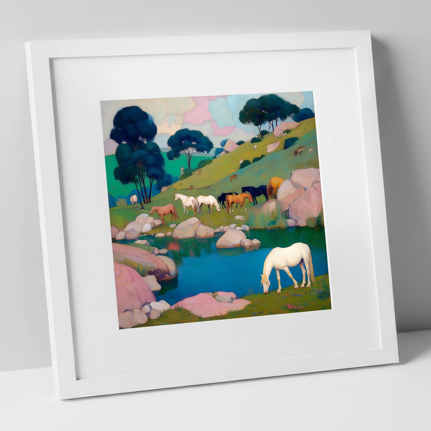The Pastel Pasture horse landscape art print in white frame