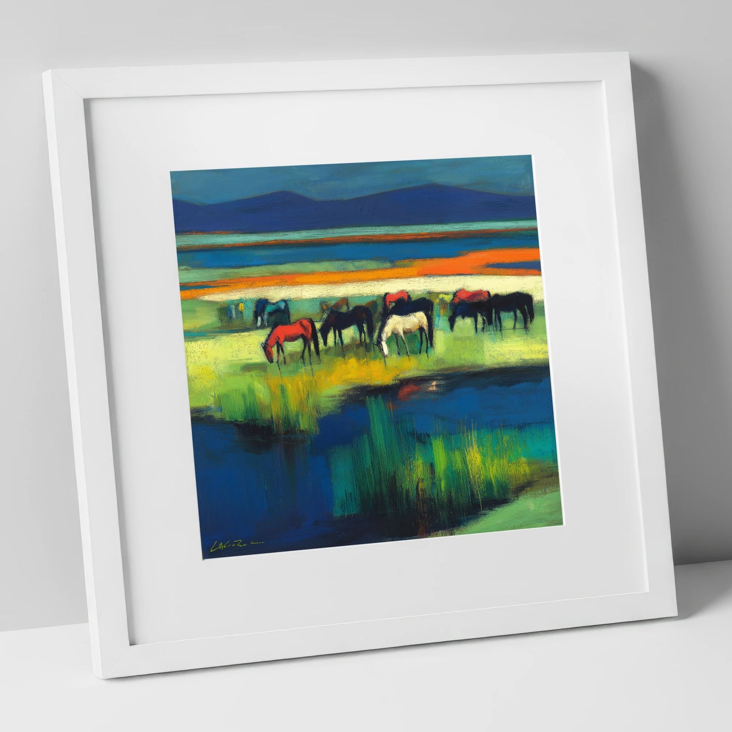 Vibrant Grazing Herd wild horses art print in white frame