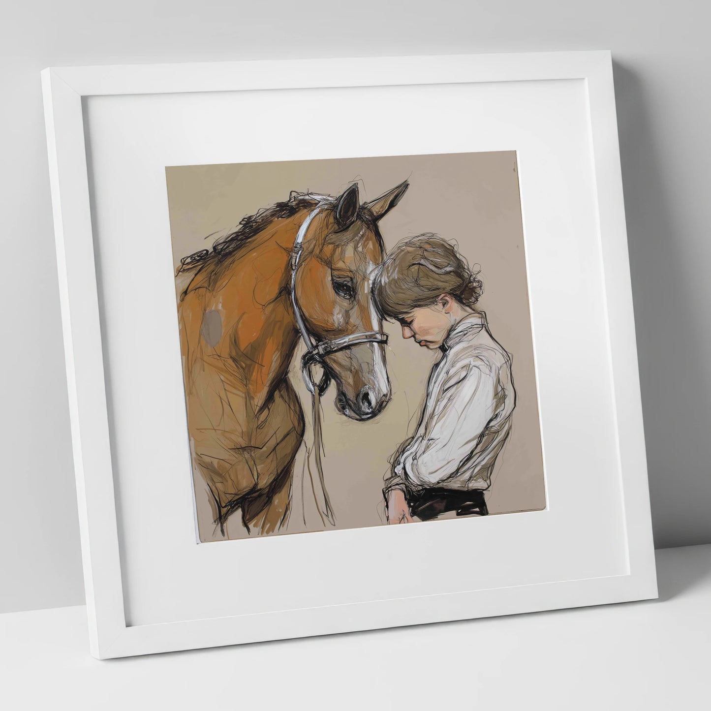 Silent Devotion horse & rider art print in white frame