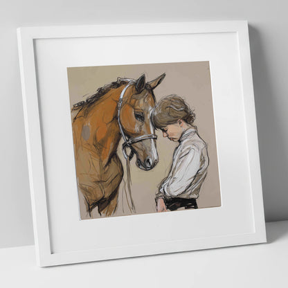 Silent Devotion horse & rider art print in white frame