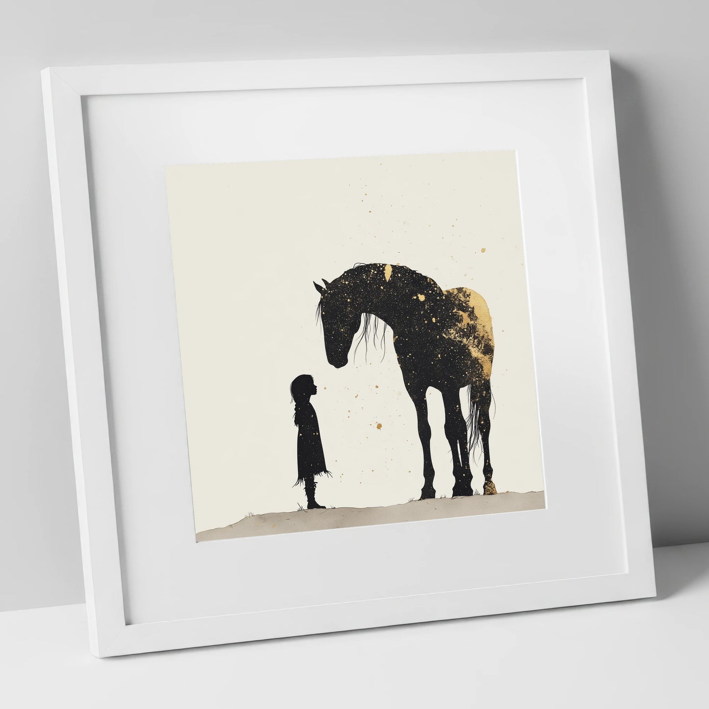 Whispers in Gold horse & rider art print in white frame