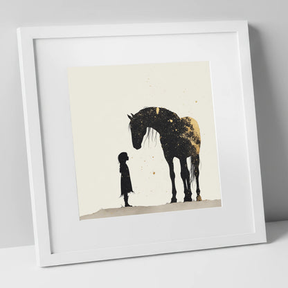 Whispers in Gold horse & rider art print in white frame