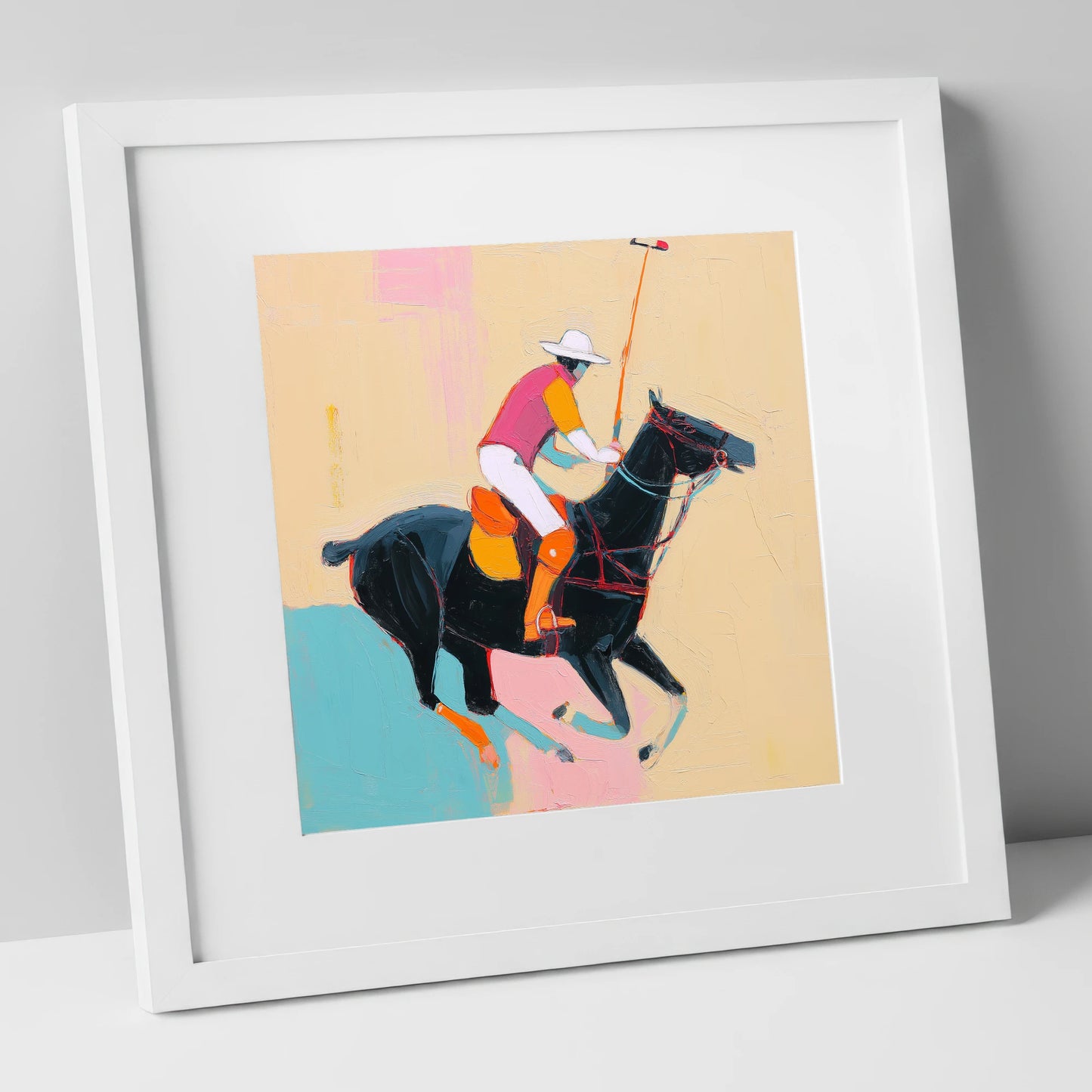 Vibrant Polo Strike polo horse art print in white frame
