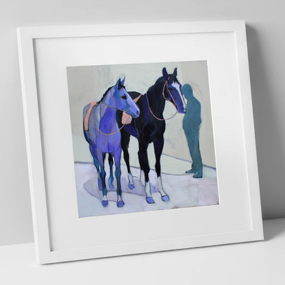Shadows of the Yard racing horse art print in white frame