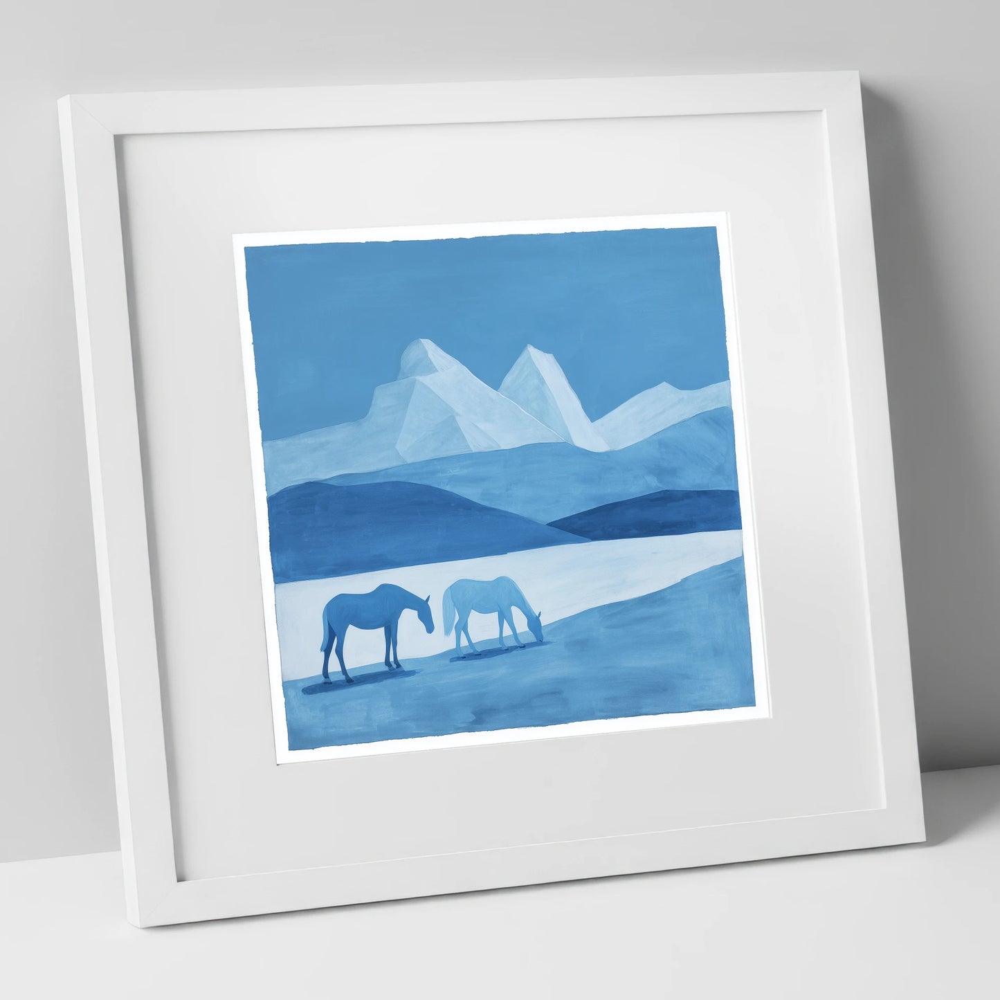 Azure Mountain Grazing horse landscape art print in white frame
