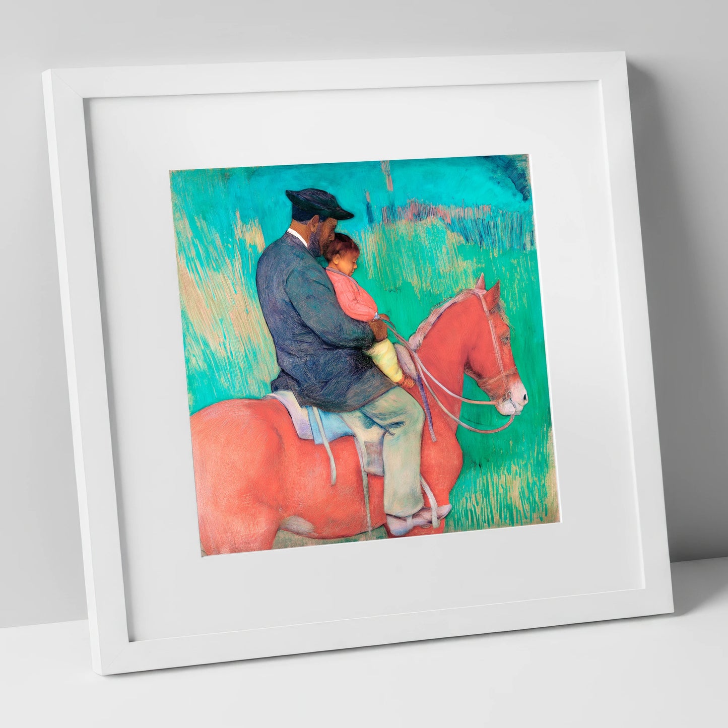 The Shared Ride horse & rider art print in white frame
