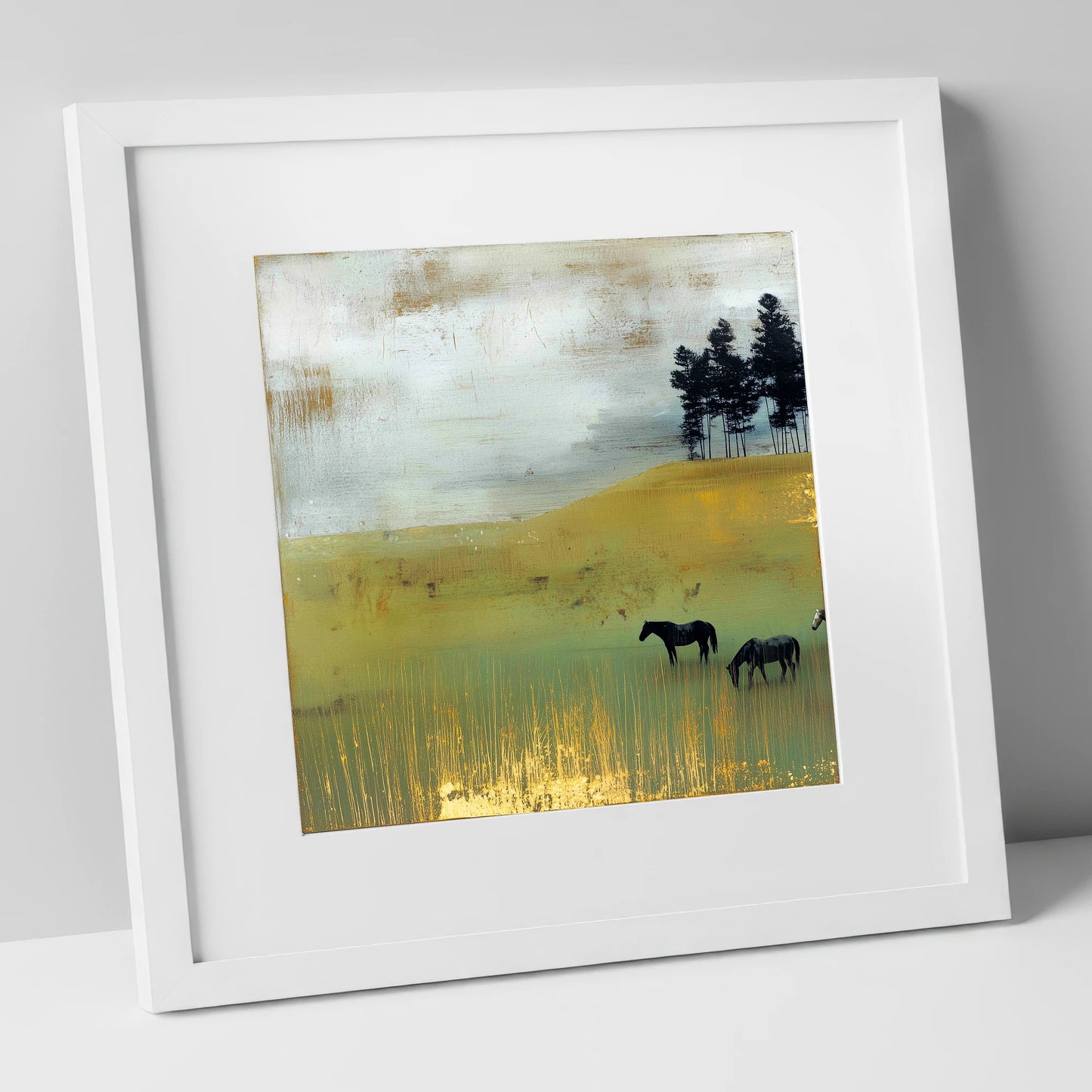 Gilded Grazing wild horses art print in white frame
