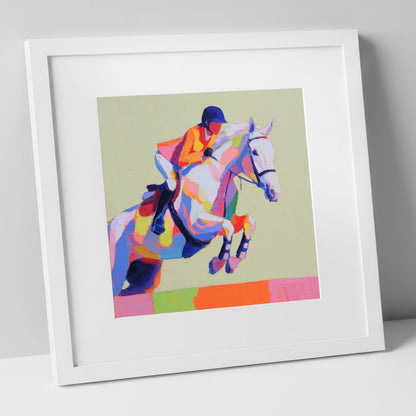 Technicolour Flight show jumping horse art print in white frame