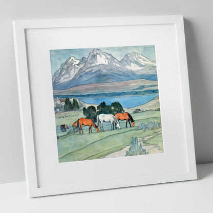 Alpine Lake Pastures horse landscape art print in white frame