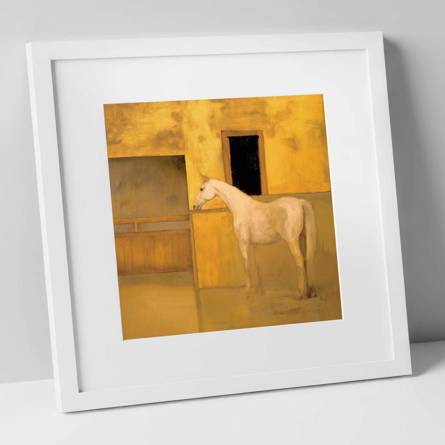 Ochre and Cream horse stable art print in white frame