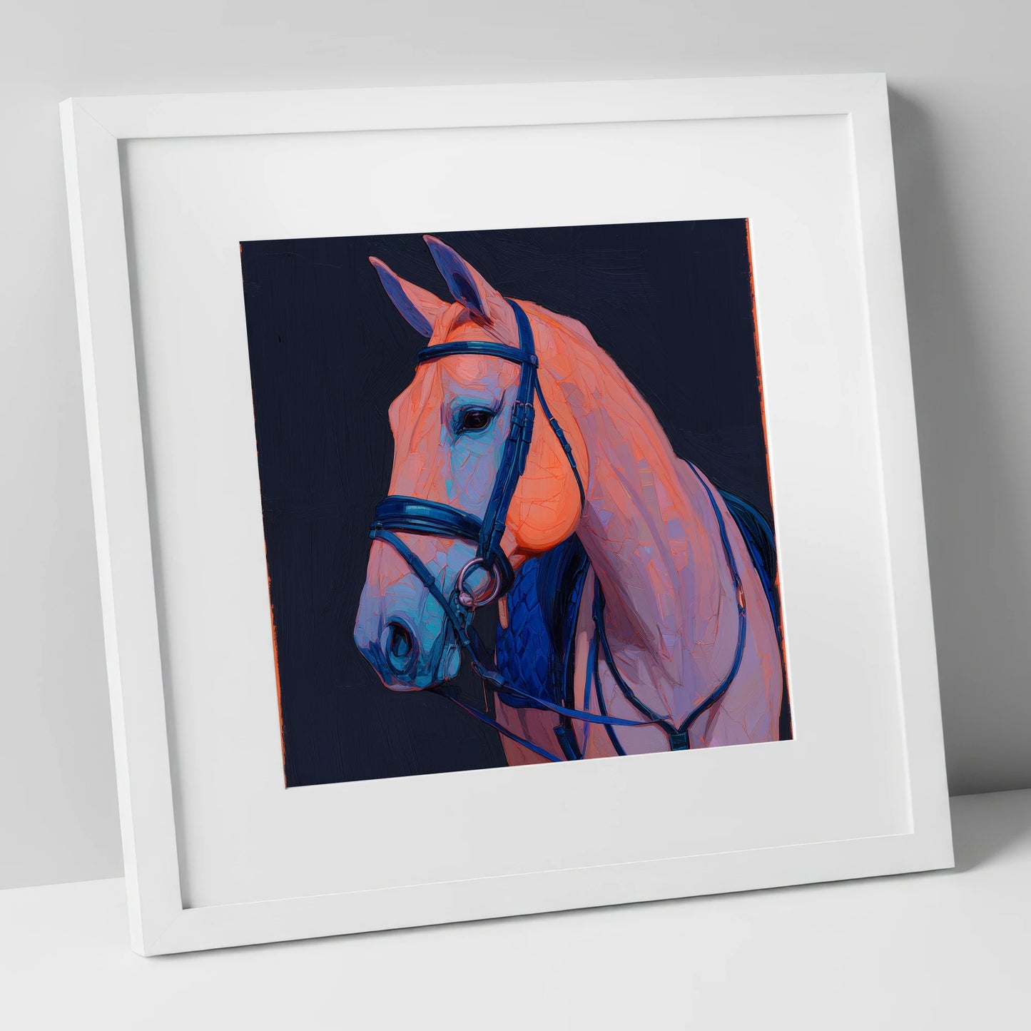Midnight and Peach Profile horse portrait art print in white frame