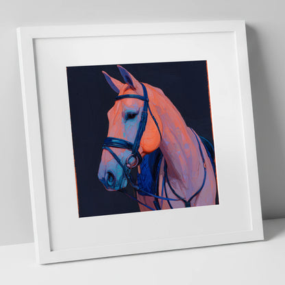 Midnight and Peach Profile horse portrait art print in white frame