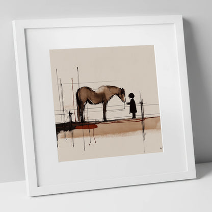 A Quiet Understanding horse & rider art print in white frame