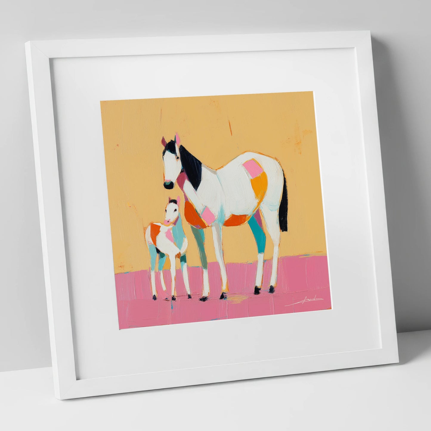 Vibrant Geometric Bond mare & foal art print in white frame