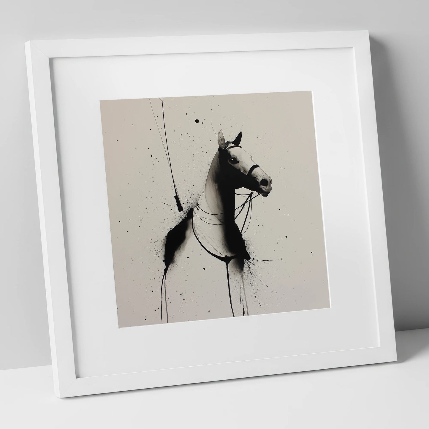 Inked Polo Silhouette polo horse art print in white frame