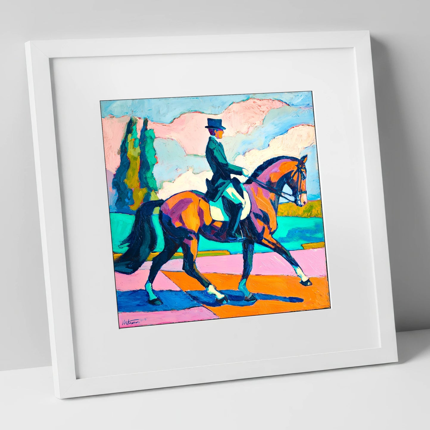Vibrant Dressage Rhythm dressage horse art print in white frame